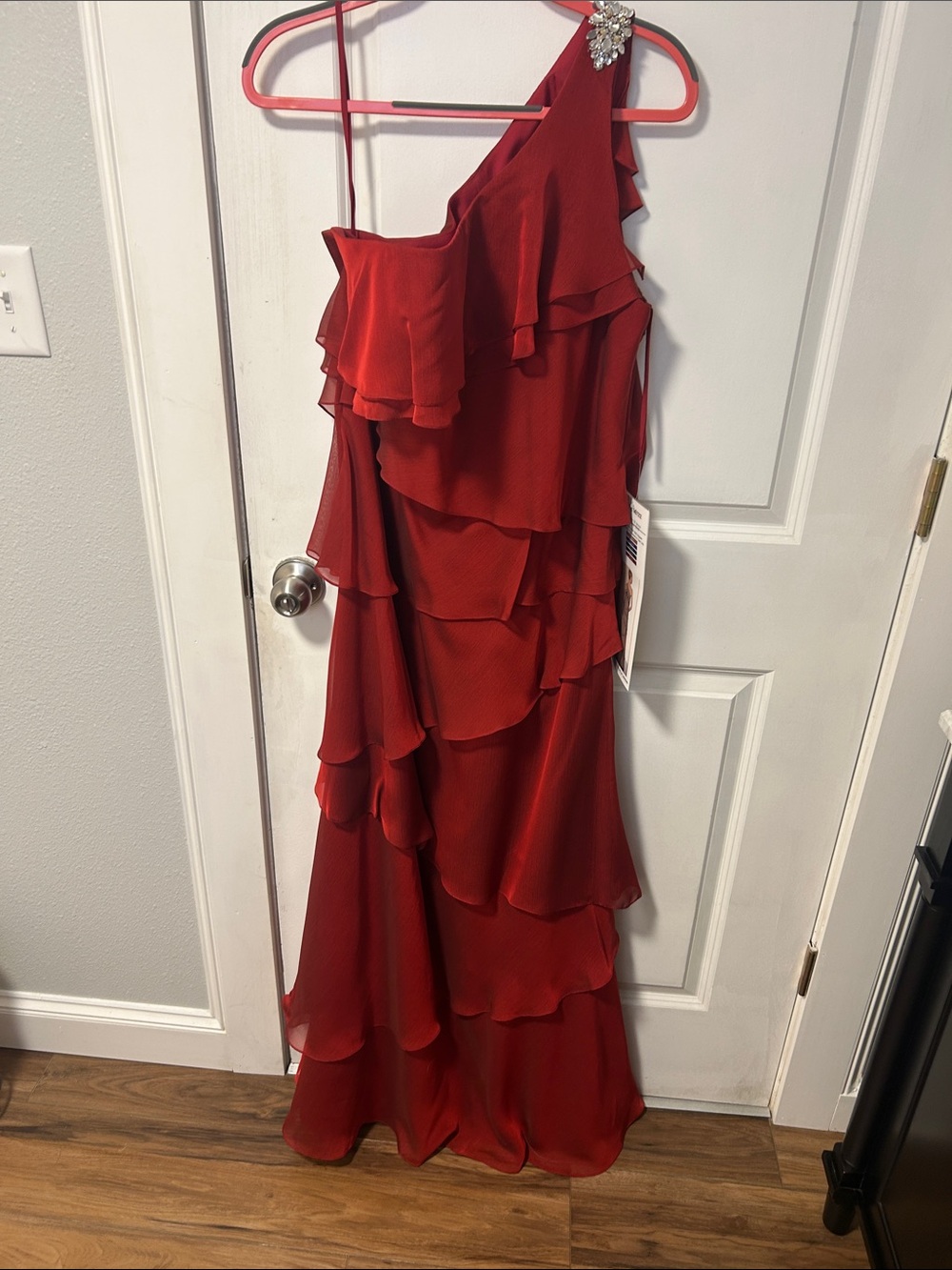 Red One-Shoulder Tiered Ruffle Evening Gown